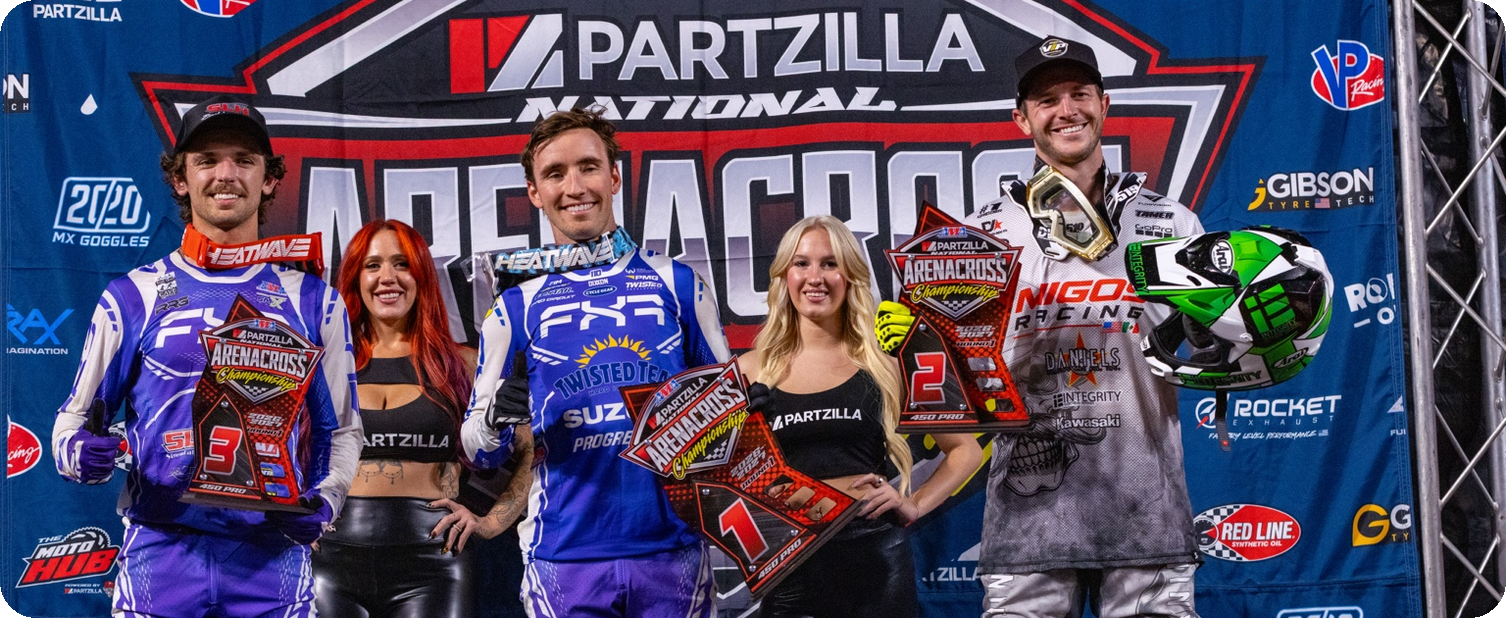 Josh Cartwright with fellow riders on the Arenacross podium Friday