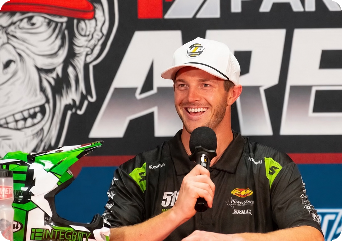 Josh Cartwright speaking into a microphone at the Arenacross event