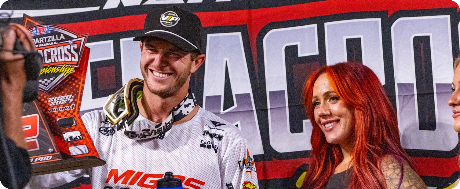 Josh Cartwright holding an Arenacross trophy Saturday